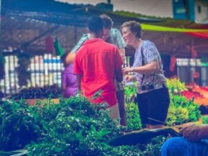 Guide from the Colombo Cooking Class by Rustic showing a couple Sri Lankan fruits, vegetables, and spices at the Colombo market, in Sri Lanka surrounded by vibrant produce and green leaves.